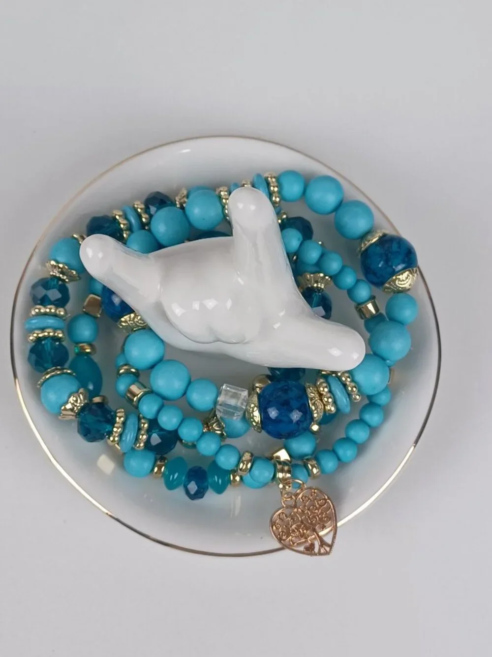 4-Piece Bohemian Beaded Bracelet Set - Blue Heart & Tree Pendants